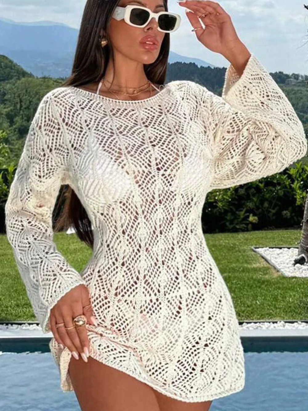 ZARA Lace Knit Long Sleeve Bikini Cover Up Beach Dress Sun Protection